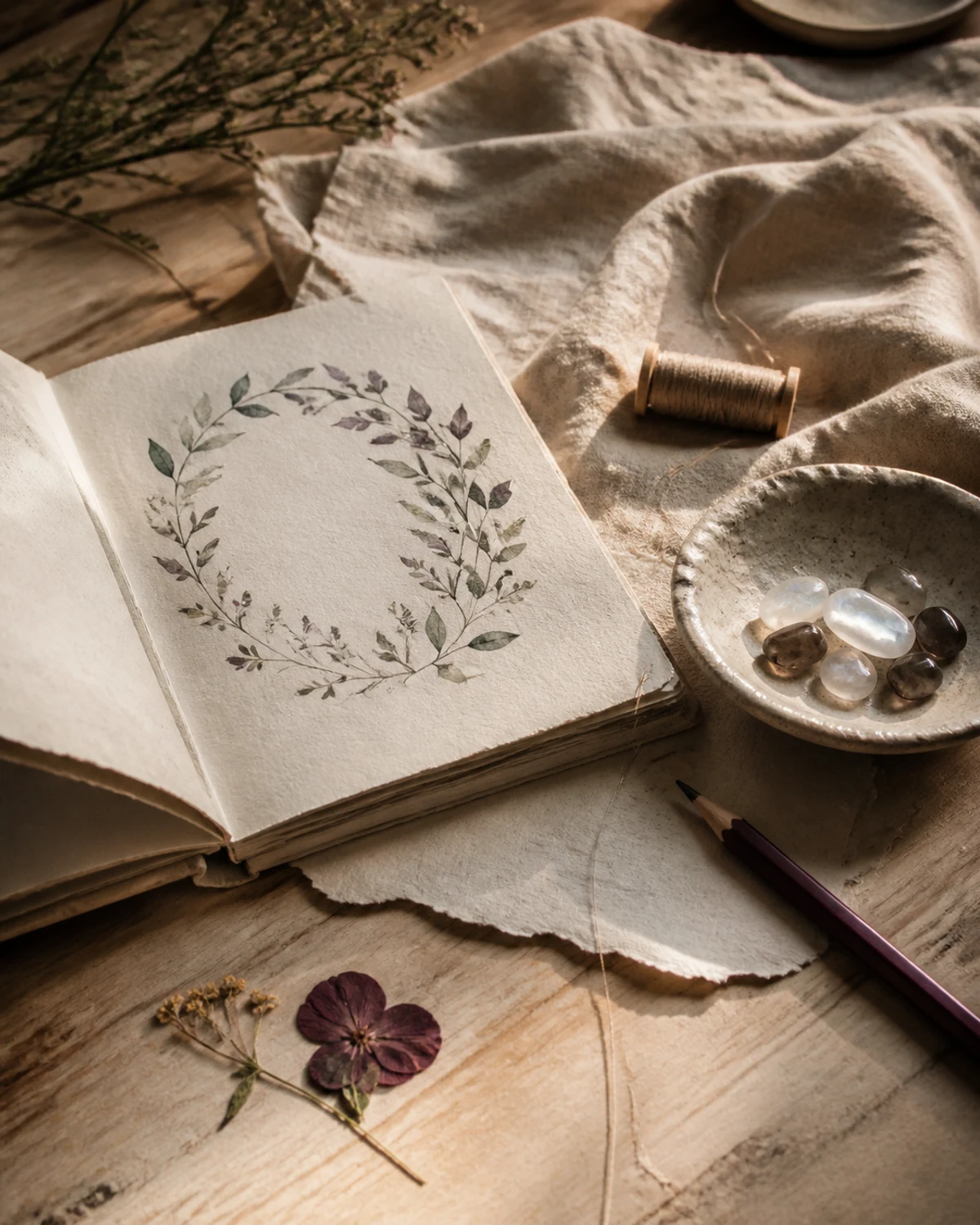 An open botanical sketchbook with moonstone, smoky quartz, linen thread, and pressed flowers