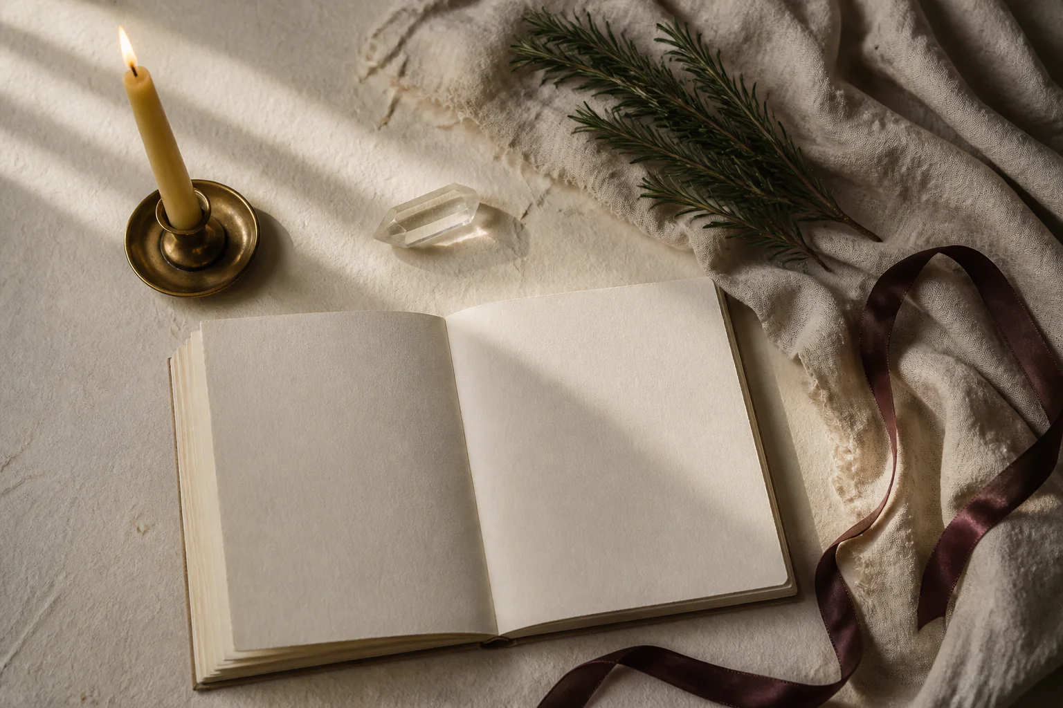 A blank journal, lit candle, clear quartz, rosemary, and plum ribbon on ivory linen