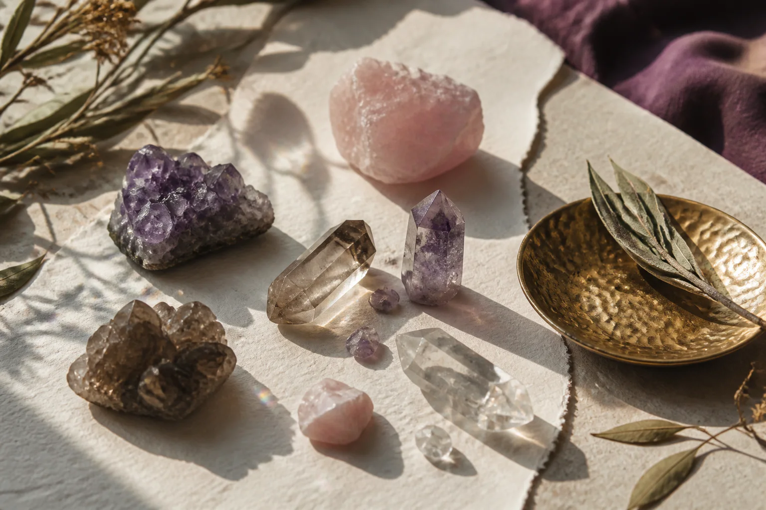 Amethyst, rose quartz, clear quartz, and smoky quartz on handmade paper